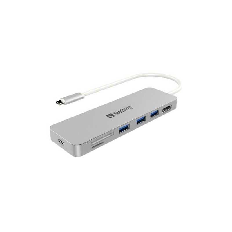 Sandberg USB 3.1 Type-C Dock, HDMI, 3 x USB 3.0, SD/Micro SD Slot, USB-C female (for power), Aluminium, 5 Year Warranty