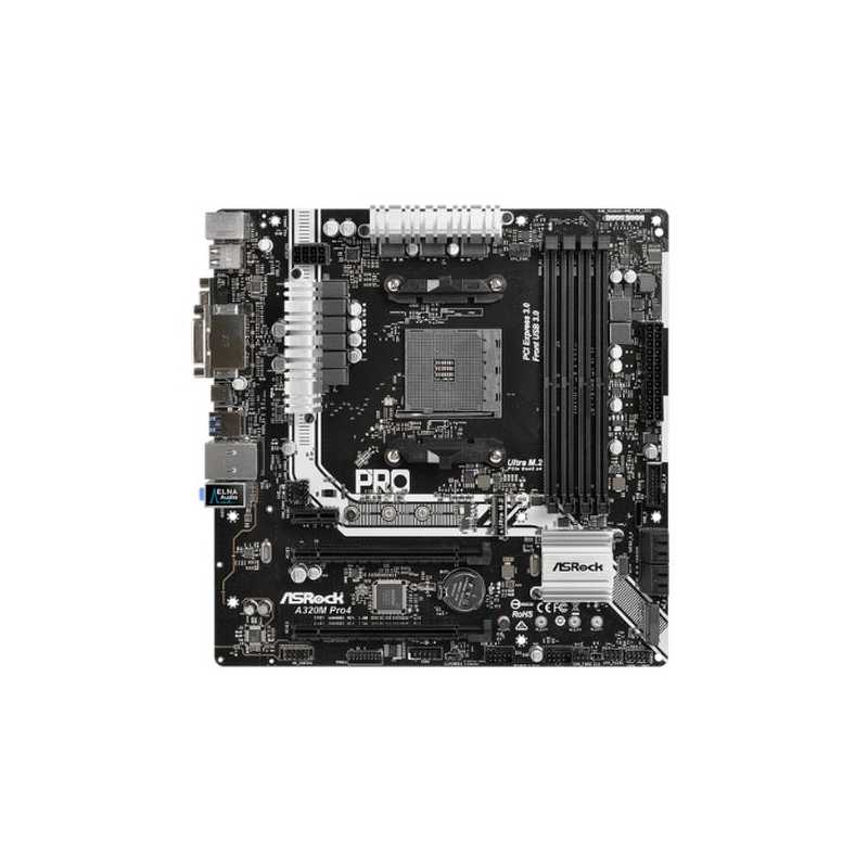 Asrock A320M PRO4, AMD A320, AM4, Micro ATX, 4 DDR4, VGA, DVI, HDMI, M.2, RAID