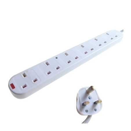 6 Way Mains Extension Outlet 2m Mains Lead & Surge & LEDs (3 pin 13 amp plug to 6 x 3 pin 13 amp sockets)