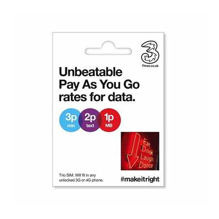 Three  3-2-1 Pay-As-You-Go 3G 4G & 5G-Ready Voice & Mobile Data Trio SIM