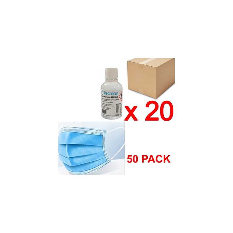 PPE Bundle Includes Hand Sanitiser 70% Alcohol Box of 20 x 50ml Bottles and 3 Layer Disposable Face Mask - 50 PACK
