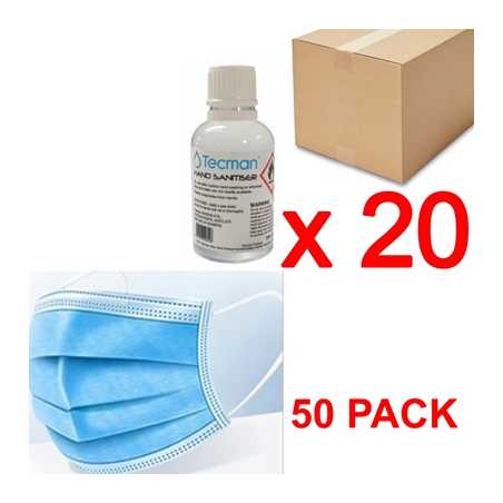 PPE Bundle Includes Hand Sanitiser 70% Alcohol Box of 20 x 50ml Bottles and 3 Layer Disposable Face Mask - 50 PACK