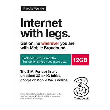 Three 3G 4G & 5G-Ready 12GB Prepaid Mobile Broadband Trio SIM Card