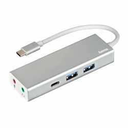 Hama External Aluminium USB-A & USB-C Hub with Audio - 2x USB-A, 1x USB-C, Mic/Audio 3.5mm Jacks, USB Powered