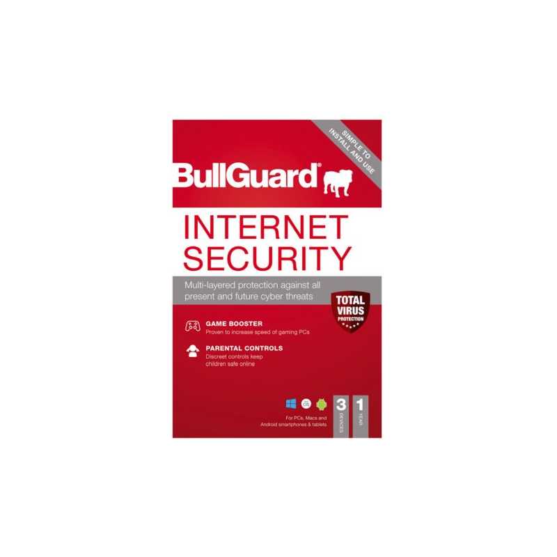 Bullguard Internet Security 2021 Retail Box - Single 3 User Licence - 1 Year - PC, Mac & Android