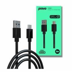 Prevo USBA-USBC-2M Data Cable, USB 2.0 Type-C (M) to USB 2.0 Type-A (M), 2m, Black, Fast Charging up to 2.1A / 5V, Nickel Plated
