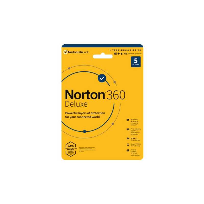 Norton 360 Deluxe 1 x 5 Device, 1 Year Retail Licence - 50GB Cloud Storage - PC, Mac, iOS & Android - DVD