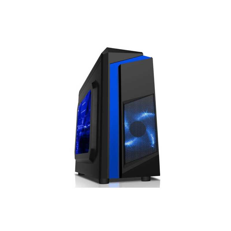Spire F3 Micro ATX Gaming Case with Windows, No PSU, Blue LED Fan, Black with Blue Stripe, Card Reader