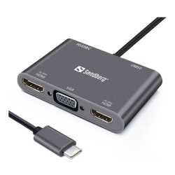 Sandberg (136-35) USB-C 5-in-1 Docking Station - USB-C (up to 100W), 2 x HDMI, VGA, USB-A, Aluminium, 5 Year Warranty