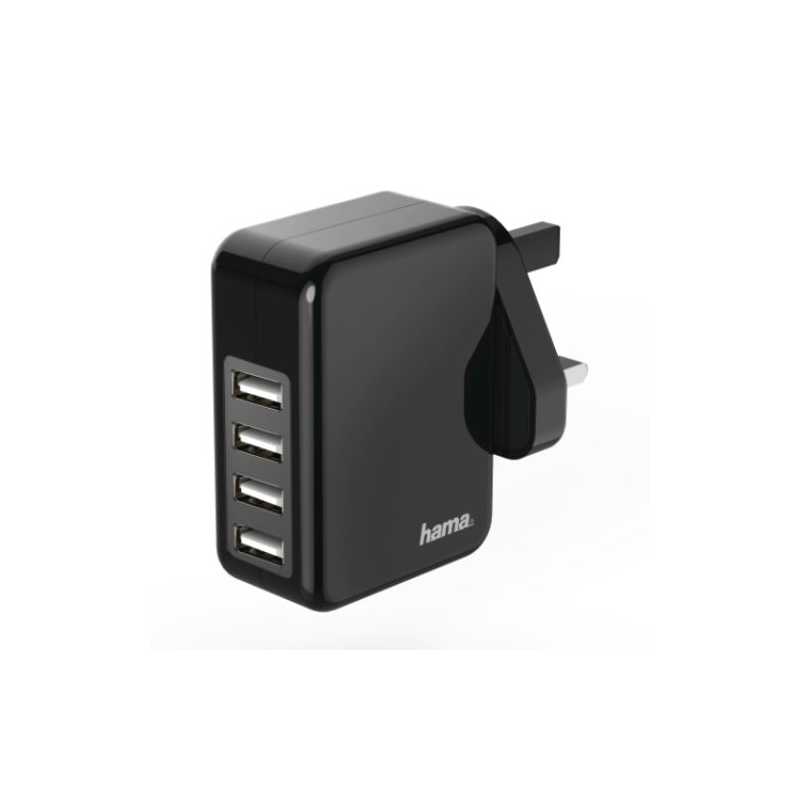 Hama 4 x USB-A Wall Plug Charger, 4.8A for Fast Charge