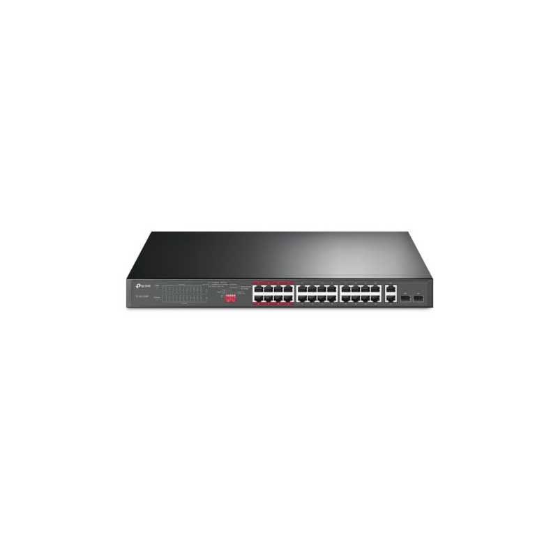 TP-LINK (TL-SL1226P) 24-Port 10/100Mbps + 2-Port GB Unmanaged PoE+ Switch, 2 combo GB SFP Slots, 24-Port PoE, Rackmountable