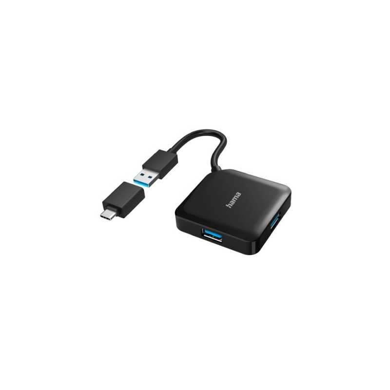 Hama External 4-Port USB 3.2 Gen 1 Hub, USB Powered, USB-A w/ USB-C Adapter