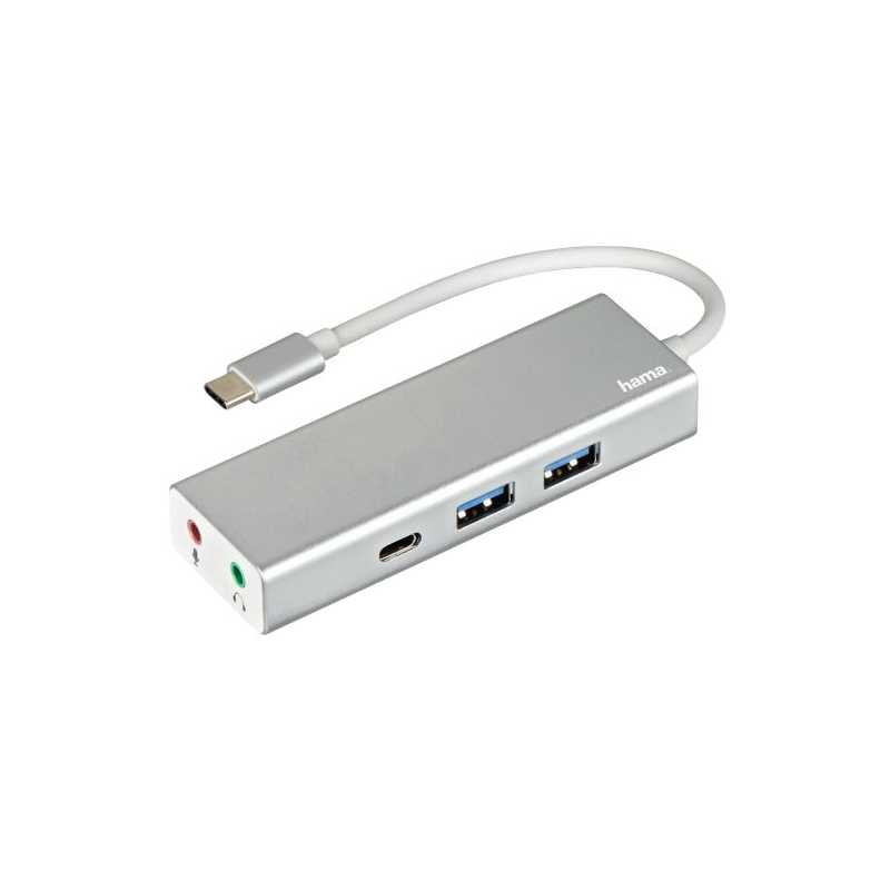 Hama External Aluminium USB-A & USB-C Hub with Audio - 2x USB-A, 1x USB-C, Mic/Audio 3.5mm Jacks, USB Powered