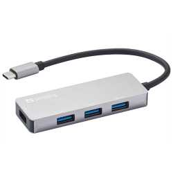 Sandberg External 4-Port USB-A Hub - USB-C Male, 1x USB 3.0, 3 x USB 2.0, Aluminium, USB Powered, 5 Year Warranty