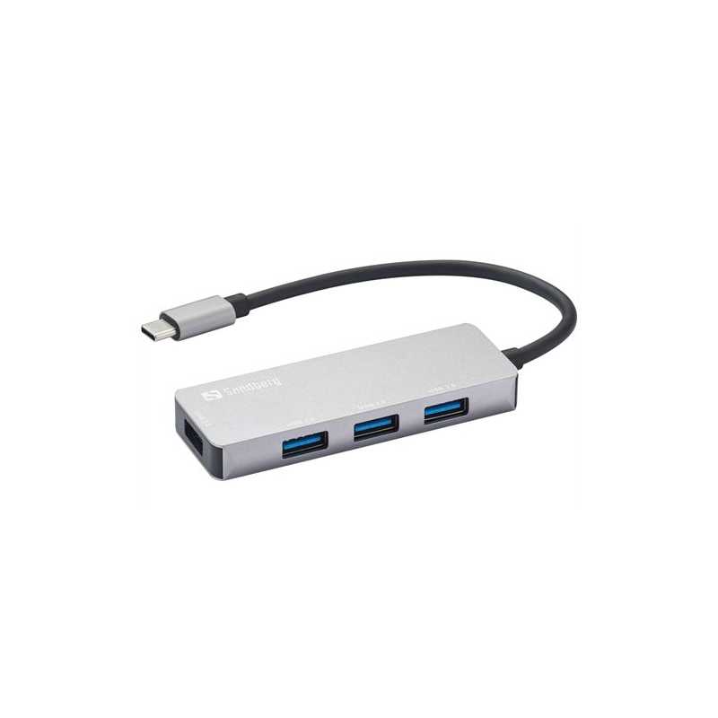 Sandberg External 4-Port USB-A Hub - USB-C Male, 1x USB 3.0, 3 x USB 2.0, Aluminium, USB Powered, 5 Year Warranty