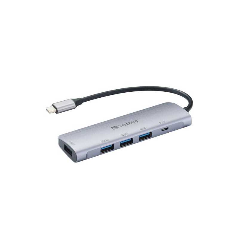 Sandberg External 4-Port USB-A Hub - USB-C Male, 4x USB 3.0 Gen1 Type-A, Aluminium, USB Powered, 5 Year Warranty
