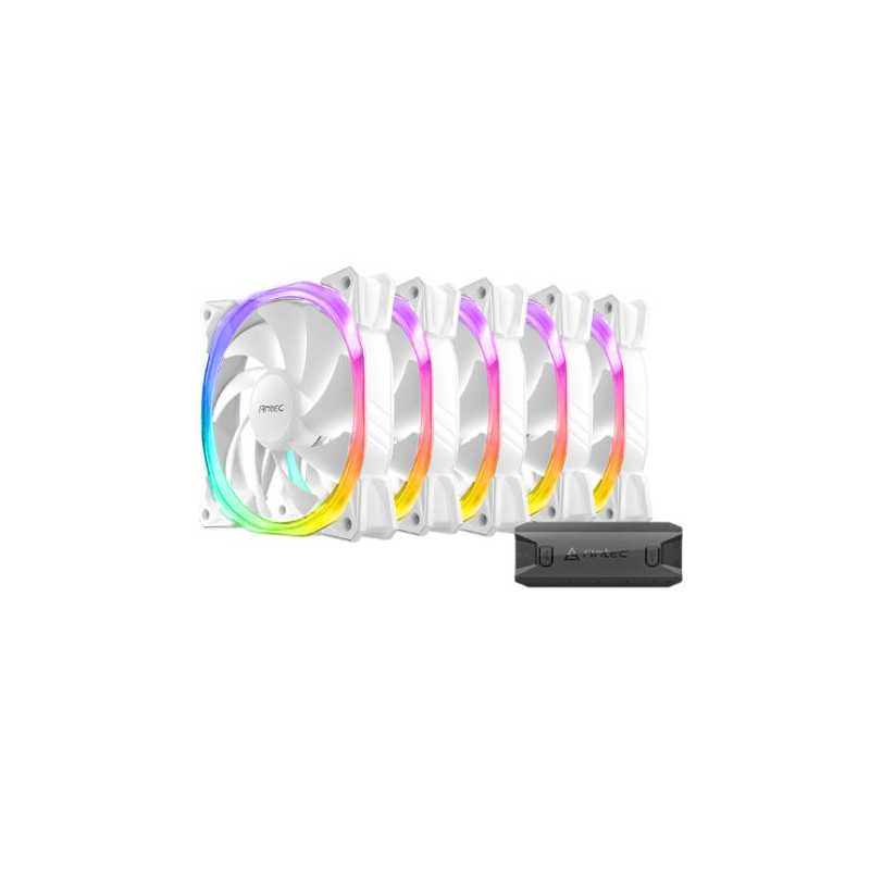 Antec Fusion 12cm PWM ARGB Case Fan x5, Hydraulic Bearing, 16 LEDs, Anti-Vibration, Up to 2000 RPM, White, ARGB/PWM Controller