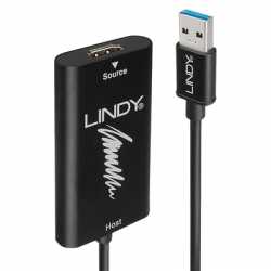 LINDY 43235 Video Capture Device, HDMI (F) to USB 3.0 Type-A (M), 0.2m Adapter, Black, Capture Video & Audio from a HDMI Source 