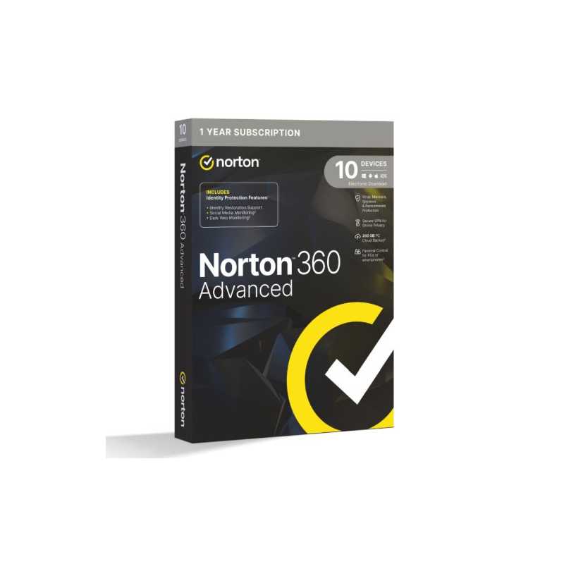 Norton 360 Advanced 1x 10 Device, 1 Year Retail Licence - 200GB Cloud Storage - PC, Mac, iOS & Android