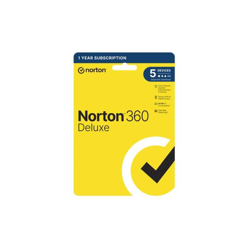 Norton 360 Deluxe 1x 5 Device, 1 Year Retail Licence - 50GB Cloud Storage - PC, Mac, iOS & Android *Non-enrolment Version*