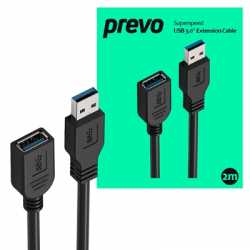 Prevo USBM-USBF-2M USB Extension Cable, USB 3.0 Type-A (M) to USB Type-A (F), 2m, Black, Up to 5Gbps Transmission Rate, Retail B