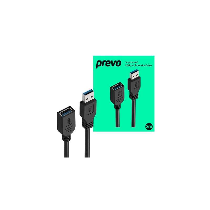 Prevo USBM-USBF-2M USB Extension Cable, USB 3.0 Type-A (M) to USB Type-A (F), 2m, Black, Up to 5Gbps Transmission Rate, Retail B