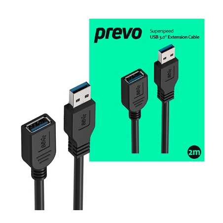 Prevo USBM-USBF-2M USB Extension Cable, USB 3.0 Type-A (M) to USB Type-A (F), 2m, Black, Up to 5Gbps Transmission Rate, Retail B