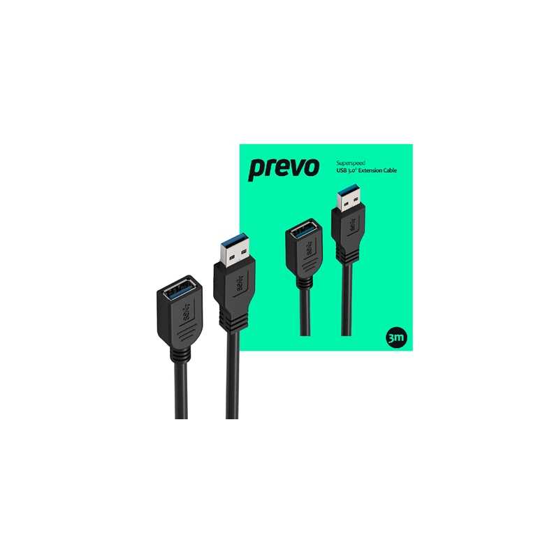 Prevo USBM-USBF-3M USB 3.0 Extension Cable, USB 3.0 Type-A (M) to USB Type-A (F), 3m, Black, Up to 5Gbps Transmission Rate, Reta