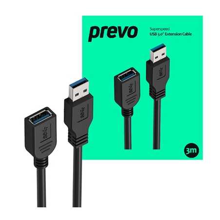 Prevo USBM-USBF-3M USB 3.0 Extension Cable, USB 3.0 Type-A (M) to USB Type-A (F), 3m, Black, Up to 5Gbps Transmission Rate, Reta