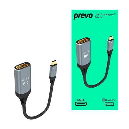 Prevo USBC-DP-ADA Display Converter Adapter, USB Type-C (M) to DisplayPort (F), 0.2m, Black & Silver, DisplayPort 1.4, Supports 