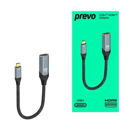 Prevo USBC-HDMI-ADA Display Converter Adapter, USB Type-C (M) to HDMI (F), 0.2m, Black & Silver, HDMI 2.0, Supports up to 4K@60H
