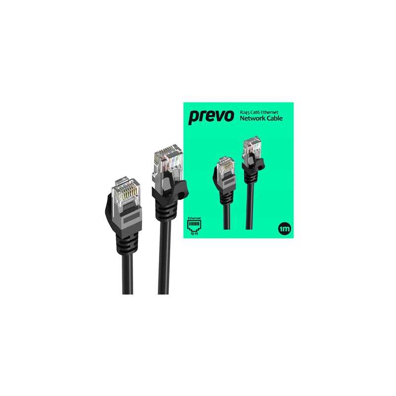 Prevo CAT6-BLK-1M Network Cable, RJ45 (M) to RJ45 (M), CAT6, 1m, Black, Oxygen Free Copper Core, Sturdy PVC Outer Sleeve & Clip 