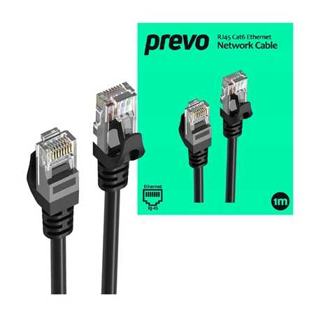 Prevo CAT6-BLK-1M Network Cable, RJ45 (M) to RJ45 (M), CAT6, 1m, Black, Oxygen Free Copper Core, Sturdy PVC Outer Sleeve & Clip 