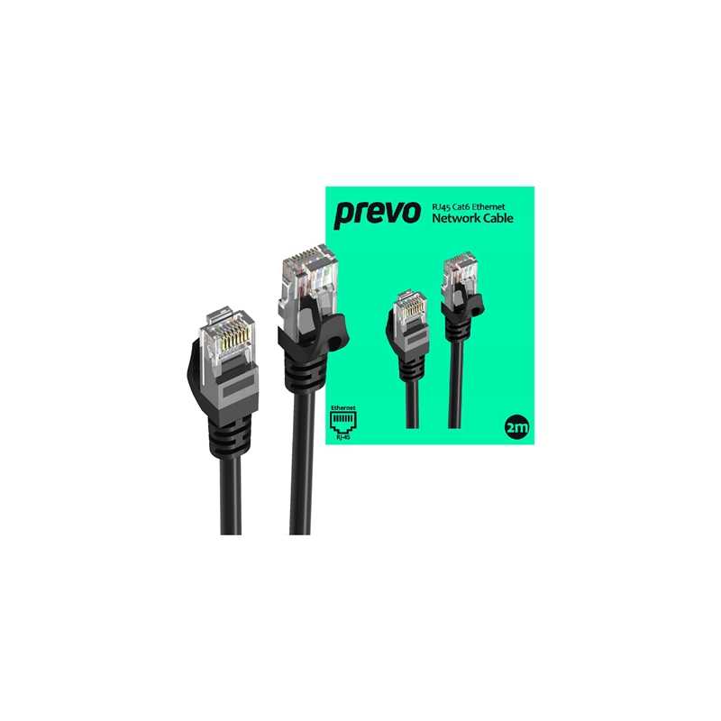 Prevo CAT6-BLK-1M Network Cable, RJ45 (M) to RJ45 (M), CAT6, 2m, Black, Oxygen Free Copper Core, Sturdy PVC Outer Sleeve & Clip 