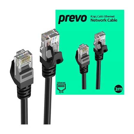 Prevo CAT6-BLK-1M Network Cable, RJ45 (M) to RJ45 (M), CAT6, 2m, Black, Oxygen Free Copper Core, Sturdy PVC Outer Sleeve & Clip 