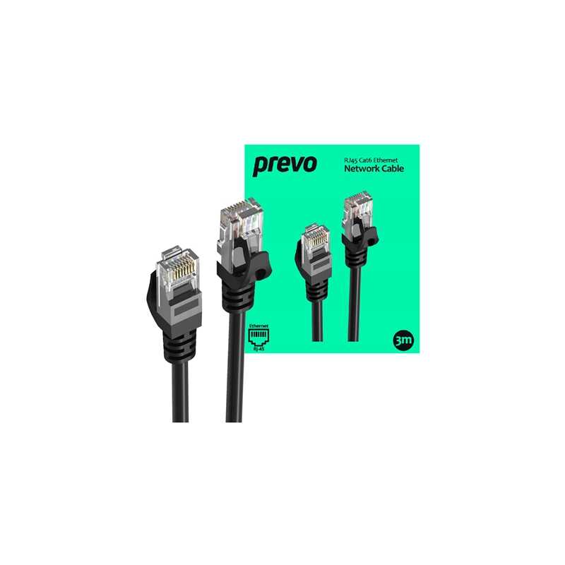 Prevo CAT6-BLK-3M Network Cable, RJ45 (M) to RJ45 (M), CAT6, 3m, Black, Oxygen Free Copper Core, Sturdy PVC Outer Sleeve & Clip 