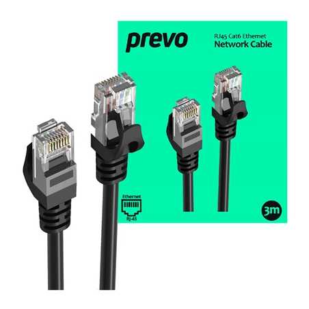 Prevo CAT6-BLK-3M Network Cable, RJ45 (M) to RJ45 (M), CAT6, 3m, Black, Oxygen Free Copper Core, Sturdy PVC Outer Sleeve & Clip 