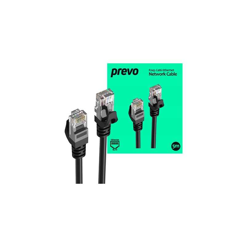 Prevo CAT6-BLK-5M Network Cable, RJ45 (M) to RJ45 (M), CAT6, 5m, Black, Oxygen Free Copper Core, Sturdy PVC Outer Sleeve & Clip 