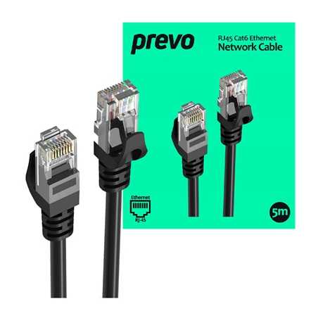 Prevo CAT6-BLK-5M Network Cable, RJ45 (M) to RJ45 (M), CAT6, 5m, Black, Oxygen Free Copper Core, Sturdy PVC Outer Sleeve & Clip 