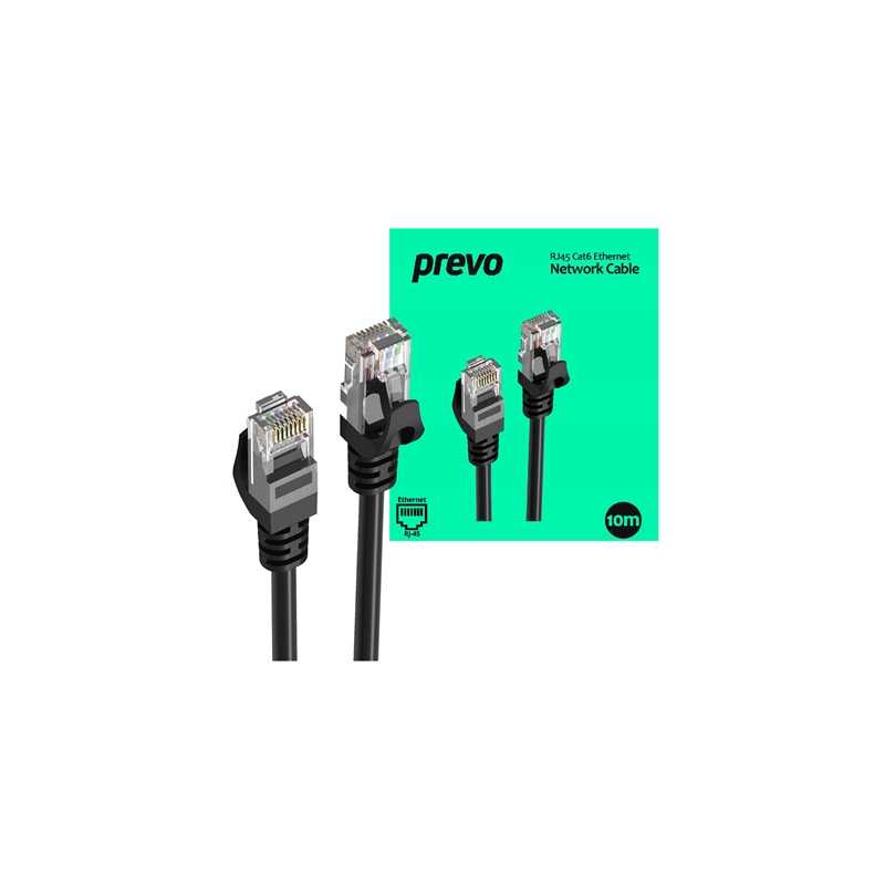 Prevo CAT6-BLK-10M Network Cable, RJ45 (M) to RJ45 (M), CAT6, 10m, Black, Oxygen Free Copper Core, Sturdy PVC Outer Sleeve & Cli
