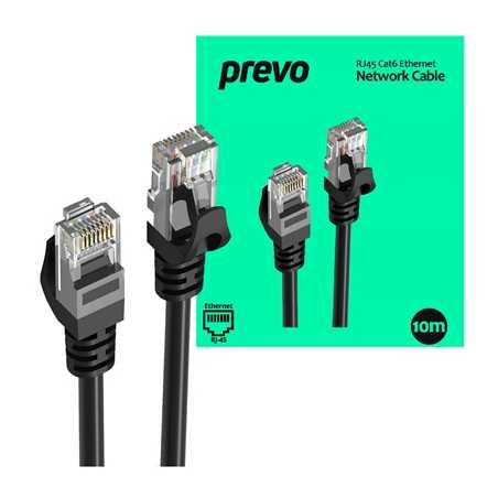 Prevo CAT6-BLK-10M Network Cable, RJ45 (M) to RJ45 (M), CAT6, 10m, Black, Oxygen Free Copper Core, Sturdy PVC Outer Sleeve & Cli