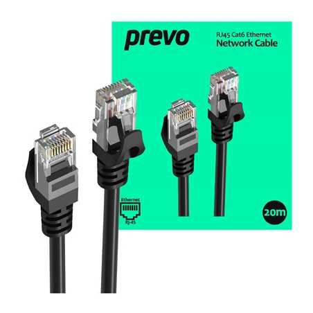 Prevo CAT6-BLK-20M Network Cable, RJ45 (M) to RJ45 (M), CAT6, 20m, Black, Oxygen Free Copper Core, Sturdy PVC Outer Sleeve & Cli