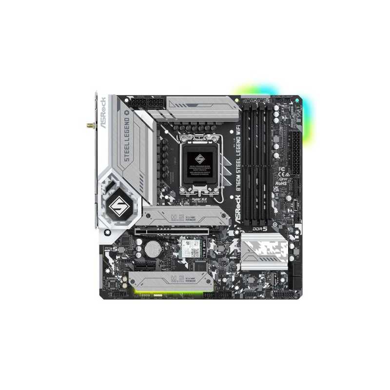 Asrock B760M STEEL LEGEND WIFI, Intel B760, 1700, Micro ATX, 4 DDR5, HDMI, DP, eDP, Wi-Fi 6E, 2.5G LAN, PCIe5, 3x M.2, RGB