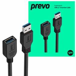 Prevo USBM-USBF-5M USB 3.0 Extension Cable, USB 3.0 Type-A (M) to USB Type-A (F), 5m, Black, Up to 5Gbps Transmission Rate, Reta