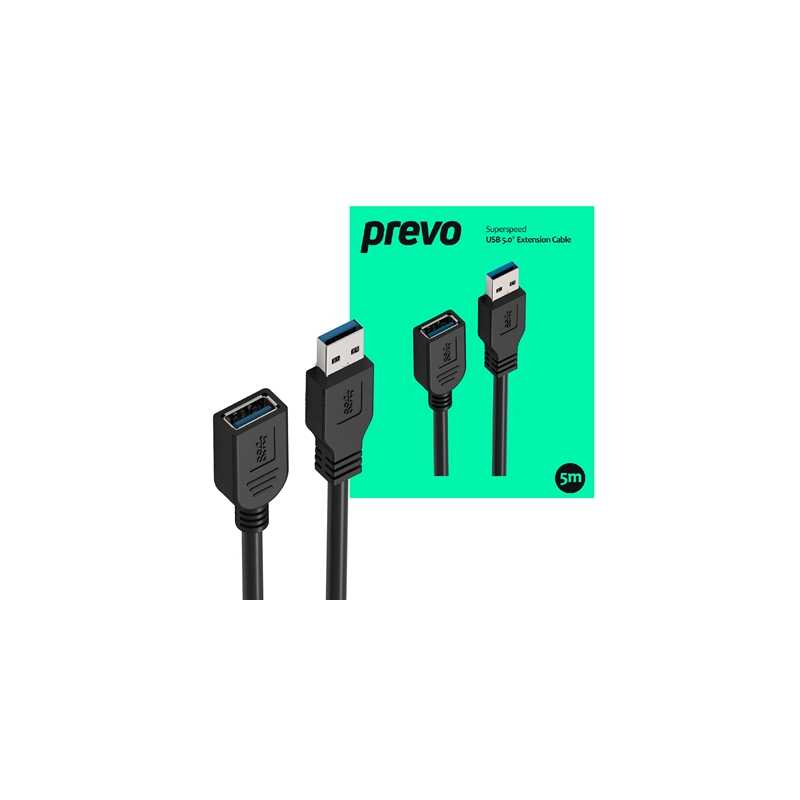 Prevo USBM-USBF-5M USB 3.0 Extension Cable, USB 3.0 Type-A (M) to USB Type-A (F), 5m, Black, Up to 5Gbps Transmission Rate, Reta