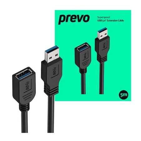 Prevo USBM-USBF-5M USB 3.0 Extension Cable, USB 3.0 Type-A (M) to USB Type-A (F), 5m, Black, Up to 5Gbps Transmission Rate, Reta