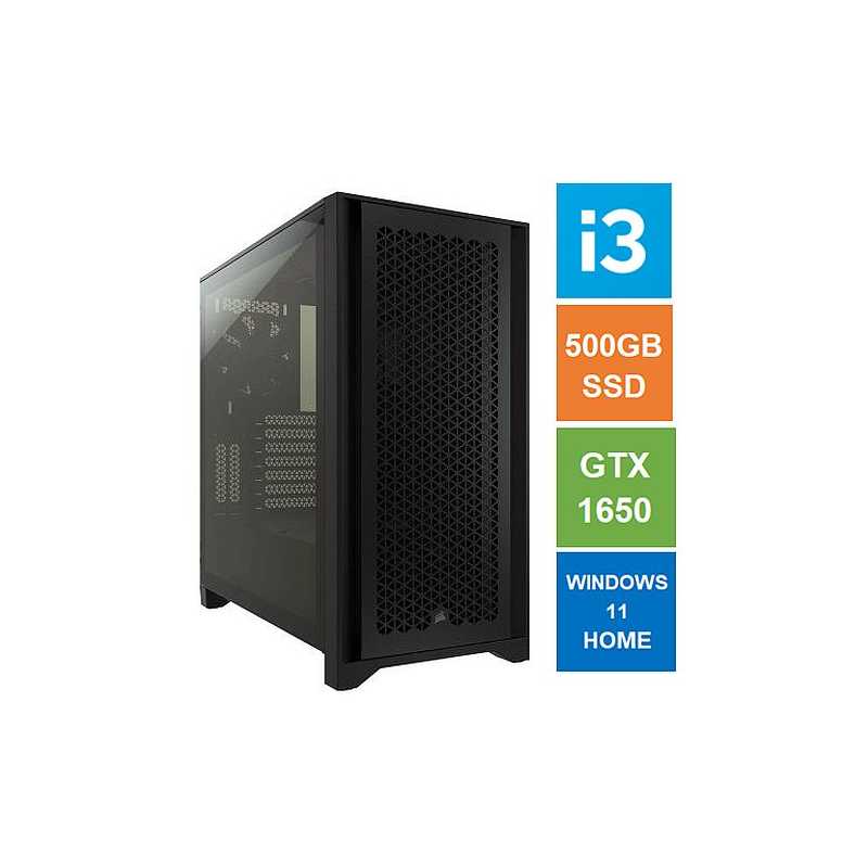 Spire ATX Gaming Tower PC, Corsair 4000D Case, i3-12100F, 8GB 3200MHz, 500GB SSD, GTX1650 GPU, Wi-Fi6, Bequiet 450W, Windows 11 