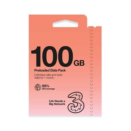 Three 3G 4G 5G-Ready 100GB Prepay Sim Card