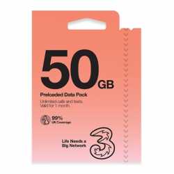 Three 3G 4G 5G-ready 50GB prepay sim card