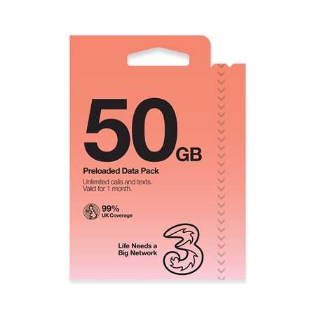 Three 3G 4G 5G-ready 50GB prepay sim card